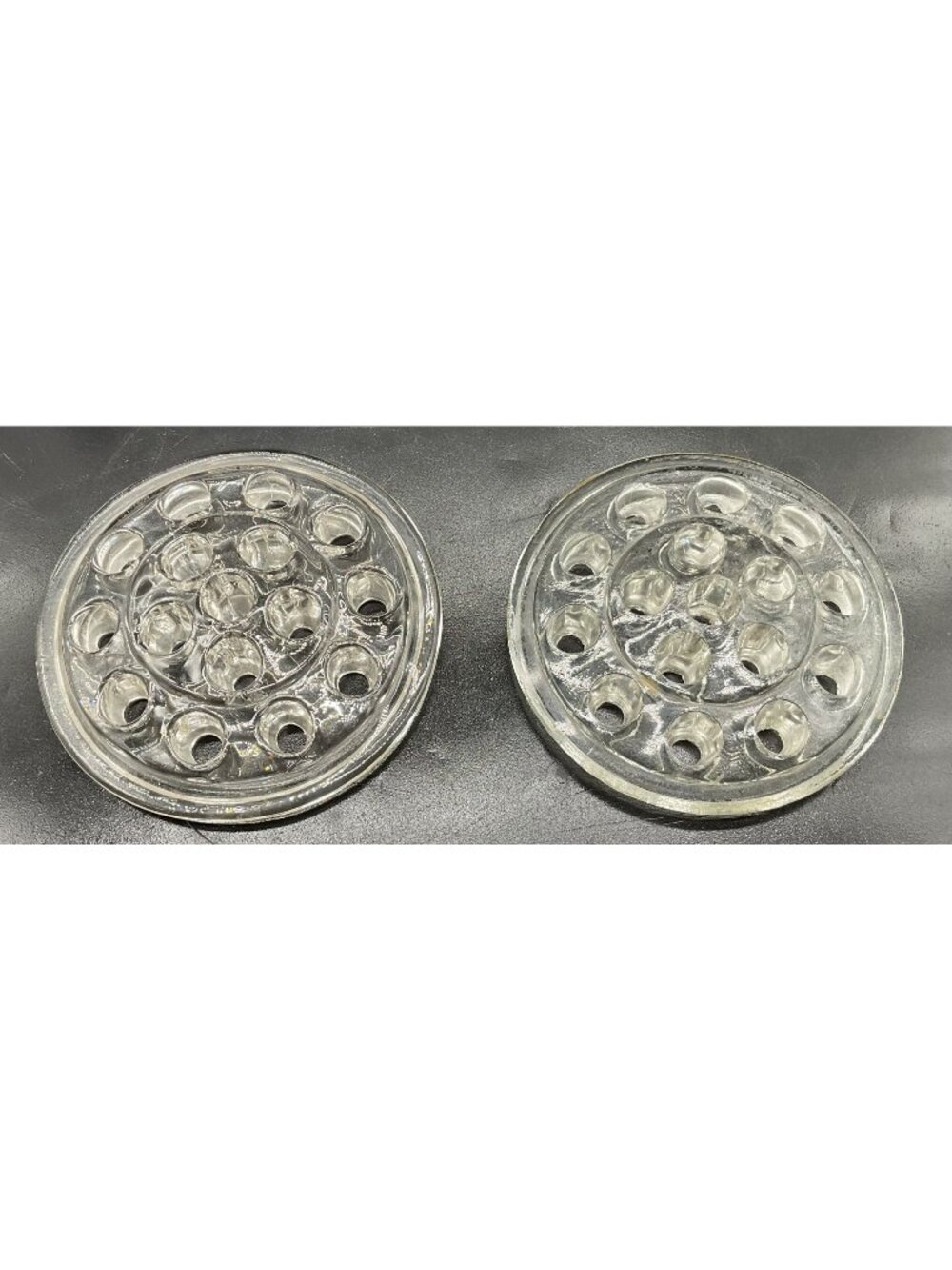 A Pair of Vintage Glass Flower Frogs - Clear Glass - 16 Holes Each - 5" Diameter